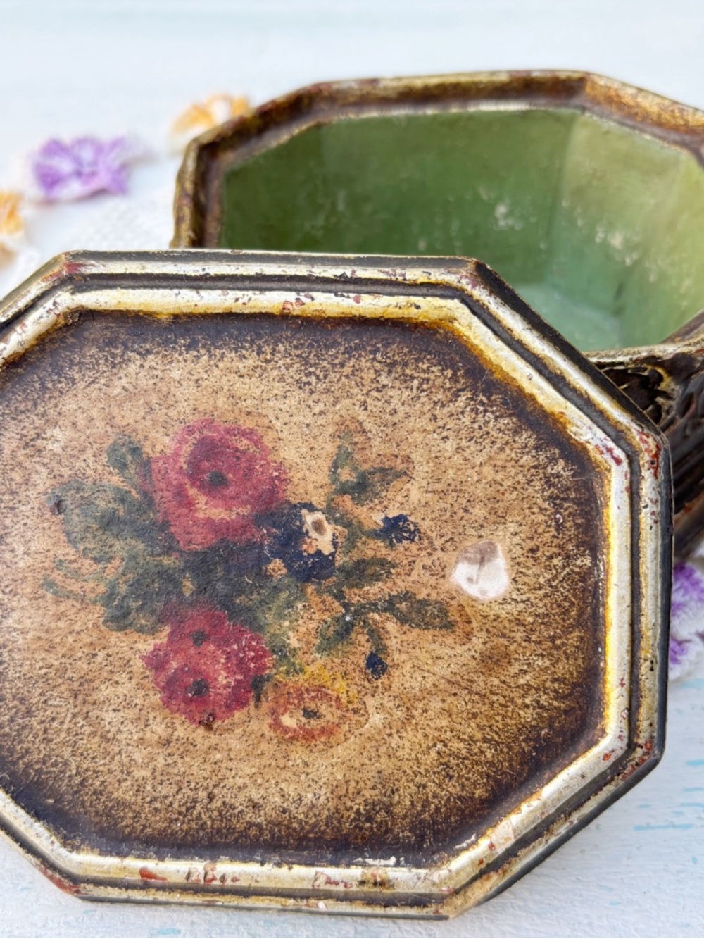 Vintage Borghese Trinket Jewelry Box Chalk Ware Gold Floral Roses 5.25 X 4.25
